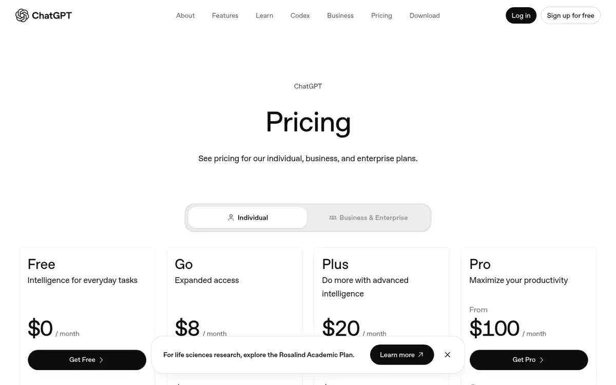 Page des tarifs de ChatGPT avec les offres Free, Go, Plus et Pro