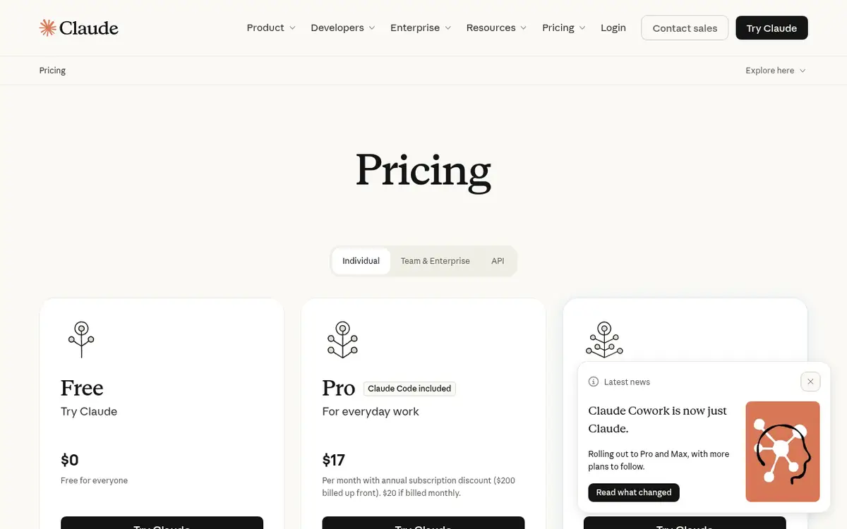 Page des tarifs de Claude avec les offres Free, Pro et Max