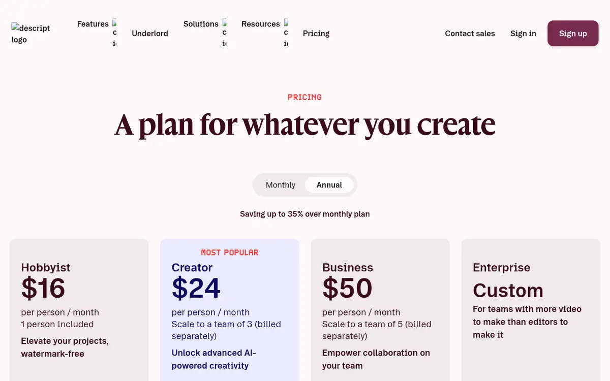 Page des tarifs de Descript : Hobbyist, Creator, Business et Enterprise
