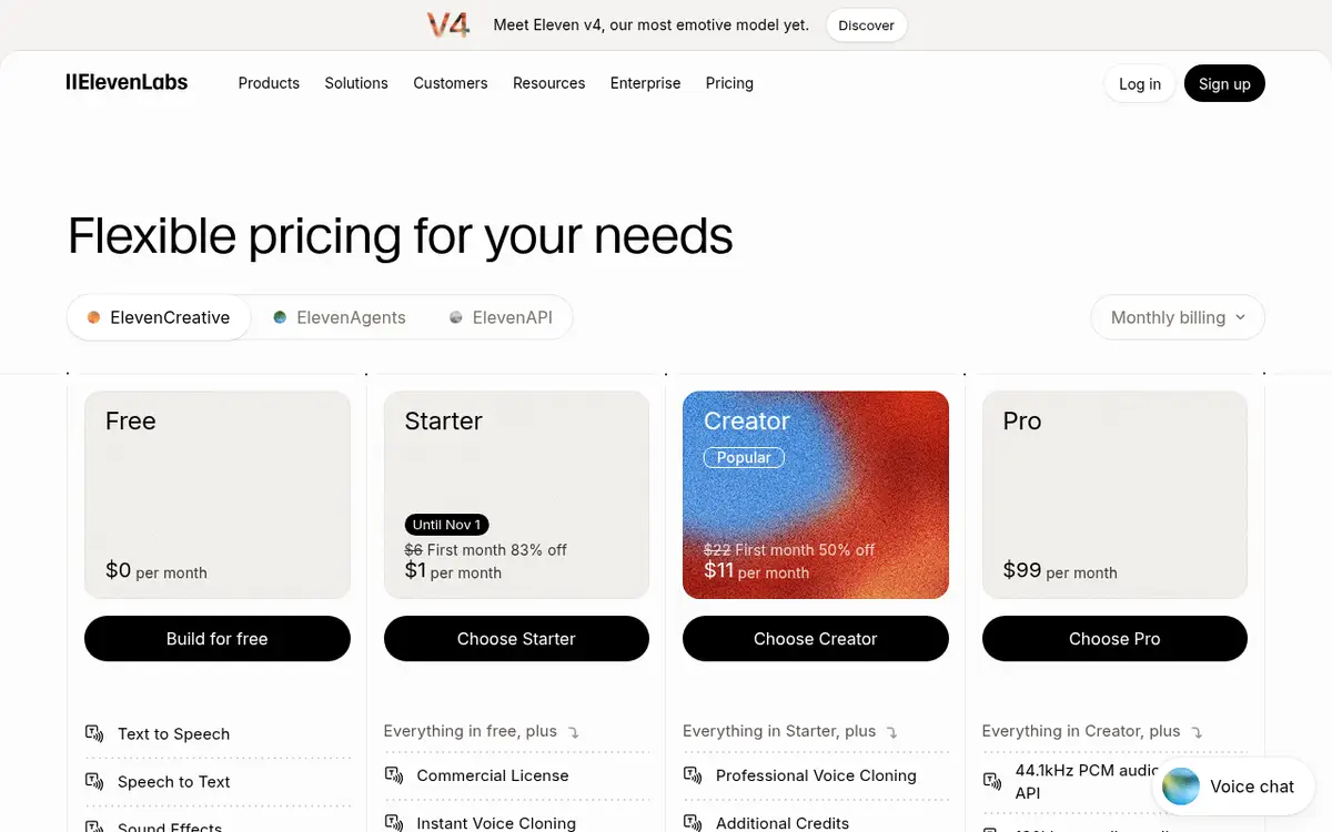 Page des tarifs d’ElevenLabs : Free, Starter, Creator et Pro