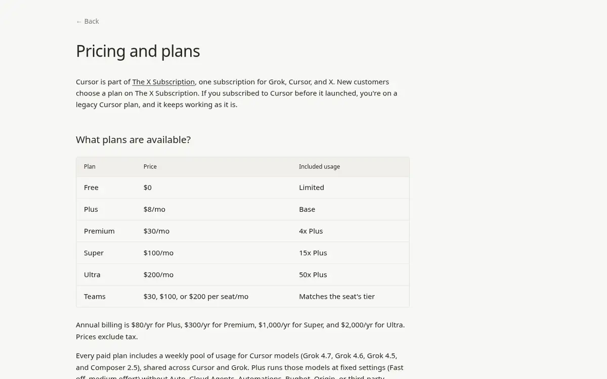 Page d’aide de Cursor : formules The X Subscription et utilisation incluse