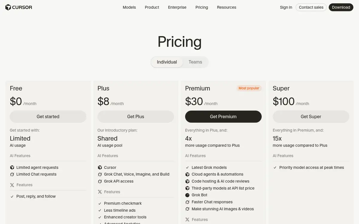 Page des tarifs de Cursor : Free, Plus, Premium et Super