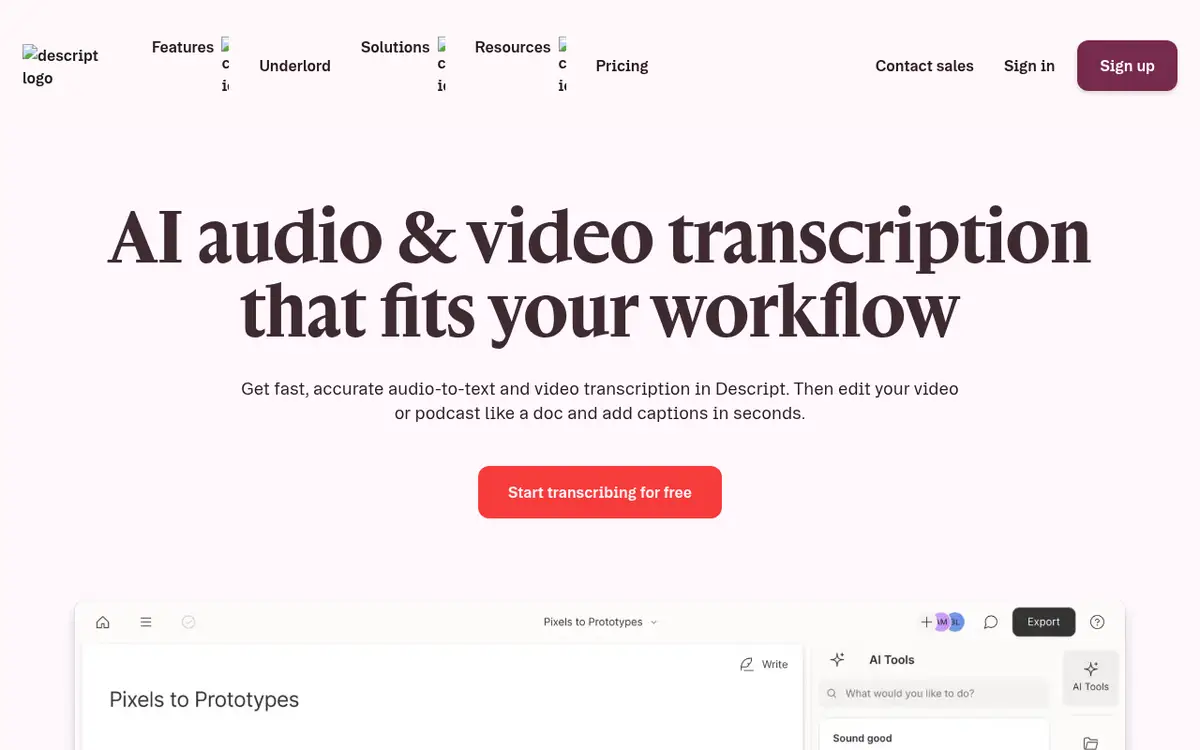 Descript transcription page