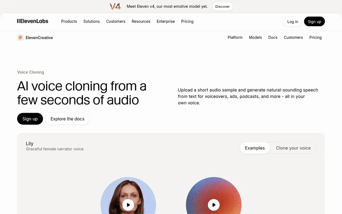Page de clonage vocal d’ElevenLabs