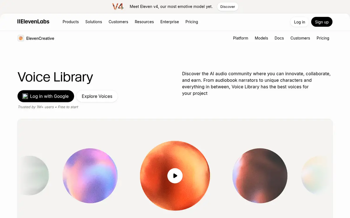 Page de la Voice Library d’ElevenLabs