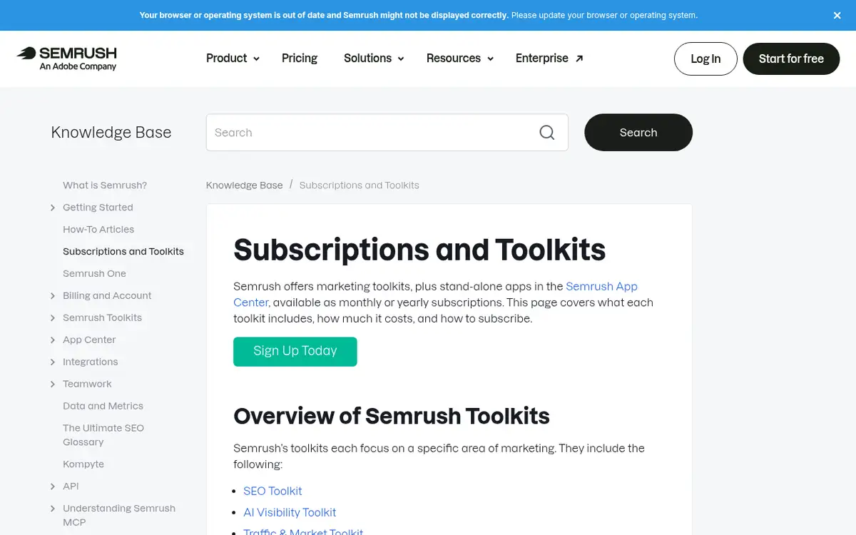 Semrush abonelik planları bilgi bankası sayfası
