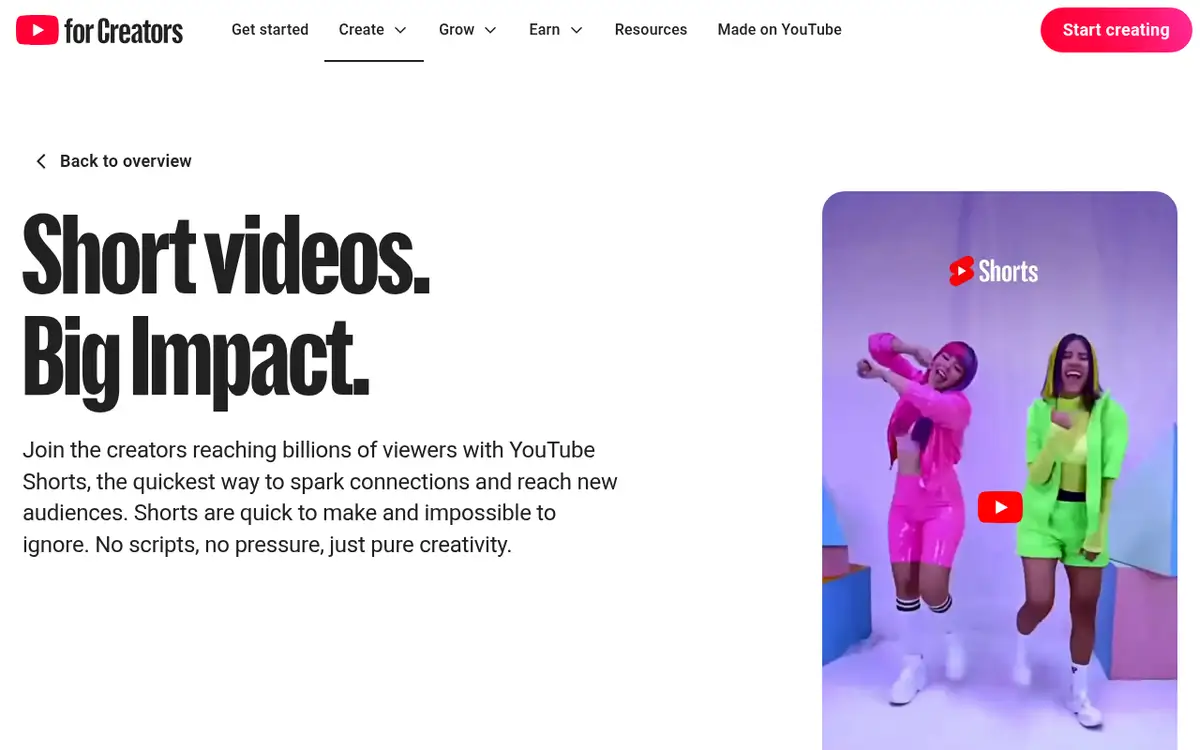 Página de YouTube Shorts para creadores
