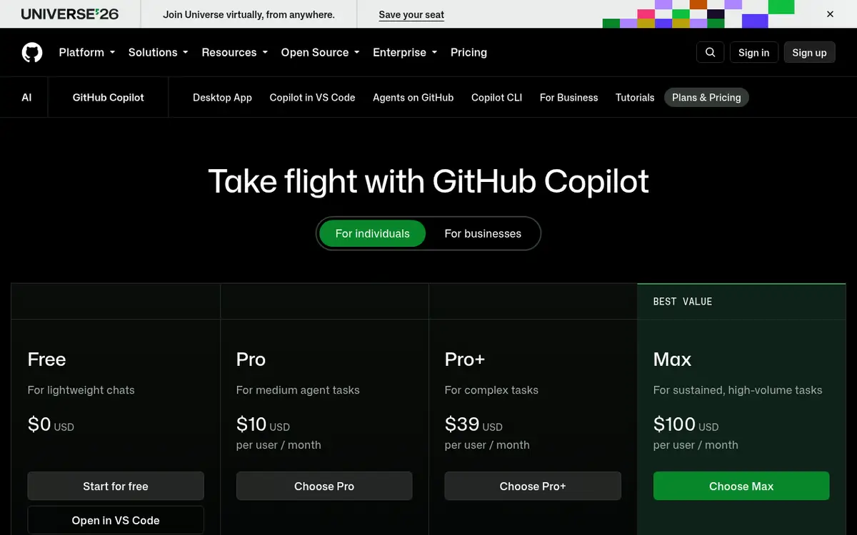 Page des offres et tarifs de GitHub Copilot