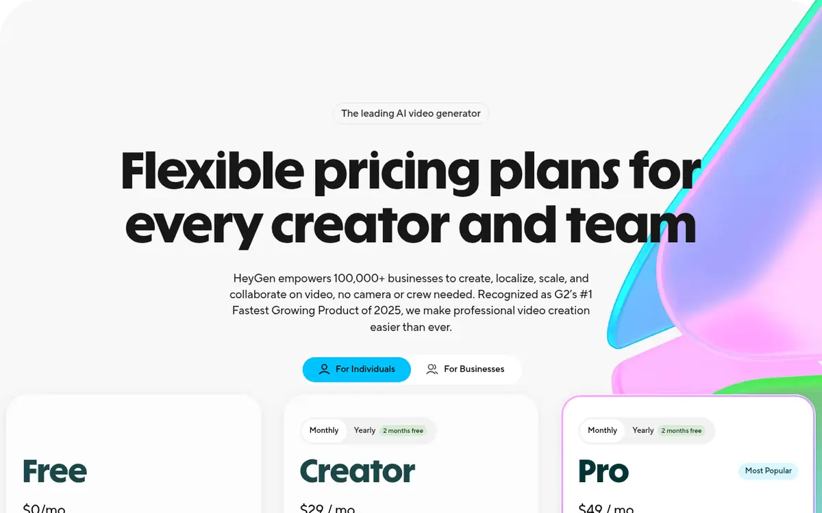 Page des tarifs de HeyGen avec les offres Free et Creator