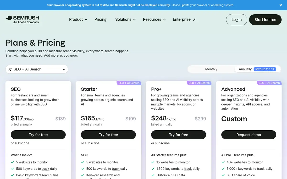 Page des tarifs de Semrush : SEO, Starter, Pro+ et Advanced